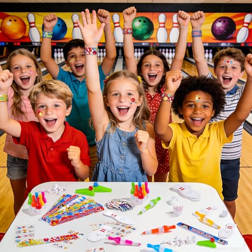 Vanblue 122 Pcs Bowling Party Favors Set Gift Birthday Decorations for Kids Classroom Rewards Mini Bowling Game Toy Set, Ballpoint Pen Goodie Bag Fillers and School Prizes