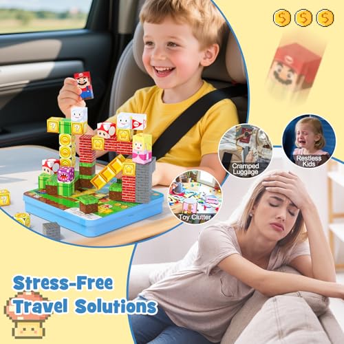 49PCS Mini Magnetic Tiles Travel Toys for Kids Ages 4-8, Magnetic Building Blocks Adventure Set with Portable Iron Storage Box & Play Base, STEM Learning Activities for Toddlers 3-5 - style: Game Magnetic Building Blocks Travel Set Toys - 49PCS