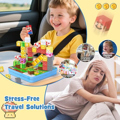 49PCS Mini Magnetic Tiles Travel Toys for Kids Ages 4-8, Magnetic Building Blocks Adventure Set with Portable Iron Storage Box & Play Base, STEM Learning Activities for Toddlers 3-5 - style: Game Magnetic Building Blocks Travel Set Toys - 49PCS
