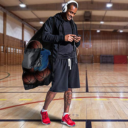 BROTOU Thickened Extra Large Sports Ball Bag Mesh Socce Ball Bag Heavy Duty Drawstring Bags Team Work for Holding Basketball, Volleyball, Baseball, Swimming Gear with Shoulder Strap - size: 24" x 36"