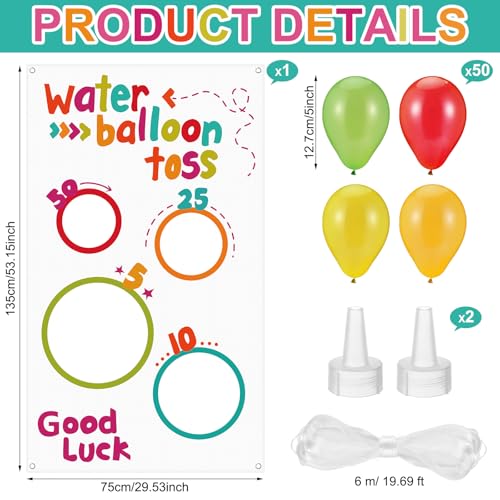 Mindsoft Water Toss Balloon Activity Set Include Toss Activity Banner, 50 Balloons, 2 Hose Nozzle Outdoor Shooter Target 4 Score Holes Water Ball Splashing Banner Swimming Pool Set for Summer Supplies