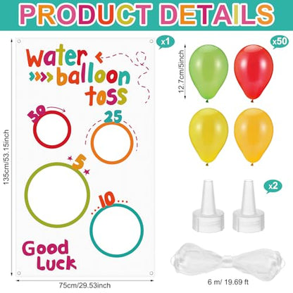 Mindsoft Water Toss Balloon Activity Set Include Toss Activity Banner, 50 Balloons, 2 Hose Nozzle Outdoor Shooter Target 4 Score Holes Water Ball Splashing Banner Swimming Pool Set for Summer Supplies