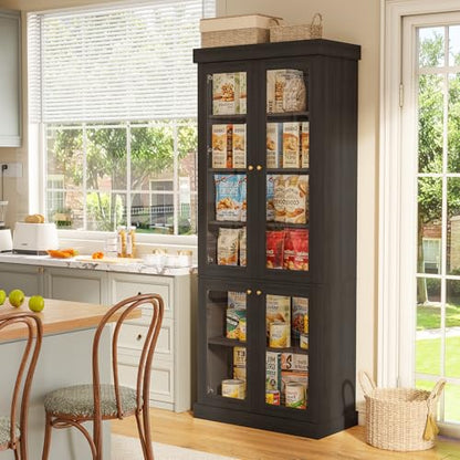 Vyre 70.8" Tall Black Bookshelf with Glass Doors, Farmhouse Modular Bookcase with 6-Tier Adjustable Shelves, Large Storage Cabinet for Home Office, Living Room, Set of 2 - color: Black