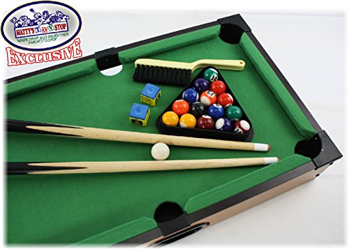 Matty's Toy Stop Deluxe 20" Wooden Table Top Pool (Billiards) Table with 15 Colored Balls, 1 Cue Ball, 1 Brush, 2 Pool Sticks, 2 Cubes of Chalk & Racking Triangle