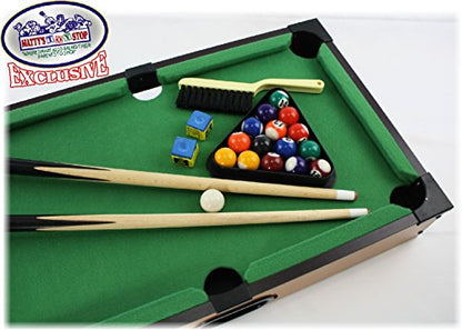 Matty's Toy Stop Deluxe 20" Wooden Table Top Pool (Billiards) Table with 15 Colored Balls, 1 Cue Ball, 1 Brush, 2 Pool Sticks, 2 Cubes of Chalk & Racking Triangle