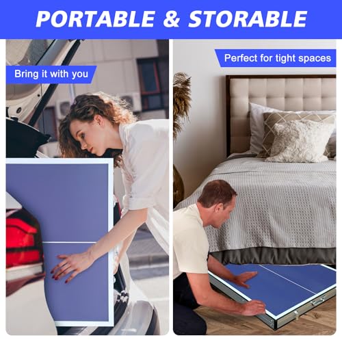 Compact Ping Pong Table, 5ft Mid-Size Indoor/Outdoor Table Tennis Game Set, Foldable, Portable Table Tennis Table with Net, 2 Table Tennis Paddles and 3 Balls