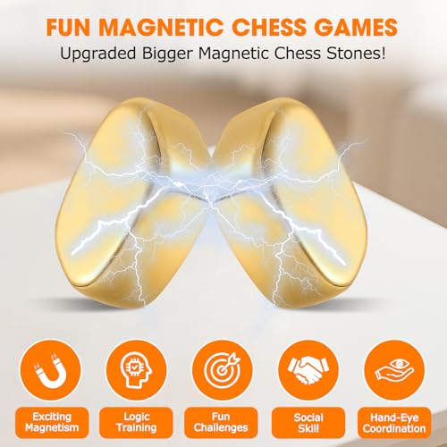 Magnetic Chess Game, Magnet Game with 20 Larger Golden Stones & String, Strategy Magnetic Stone Game for Family, Magnet Board Game Party Favors for Kids & Adults