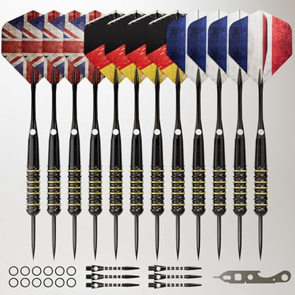 CC-Exquisite Darts Set | Professional 12 X 20/22g Metal Tip Darts | Steel Tip Darts with 24 Flights & 18 Aluminum shafts + Dart Tool, Rubber O-Rings - color: Gold