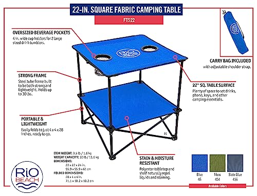 Rio Brands 22" Square Lightweight Fabric Portable Folding Beach Table with Cupholders, Blue