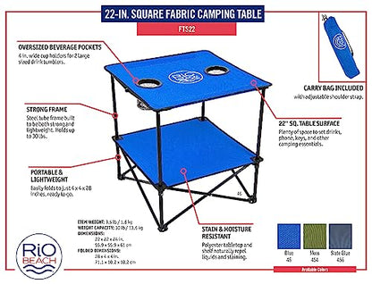 Rio Brands 22" Square Lightweight Fabric Portable Folding Beach Table with Cupholders, Blue