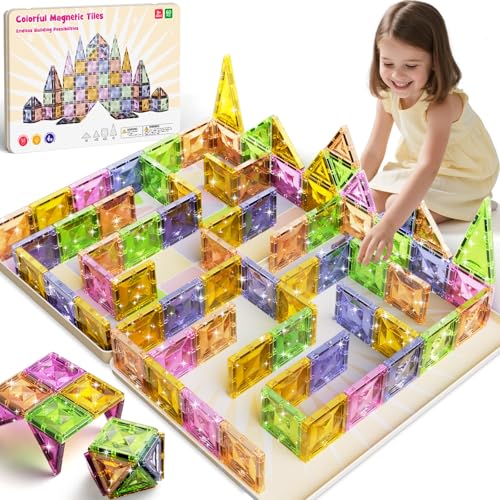 Magnetic Tiles for Kids Ages 4-8, Magnetic Blocks Travel Set with Diamond Surface & Metal Storage Box, 60PCS STEM Learning Toys, Educational Building Gifts for 3-8 Year Olds - style: Medium Magnetic Tiles - 60PCS