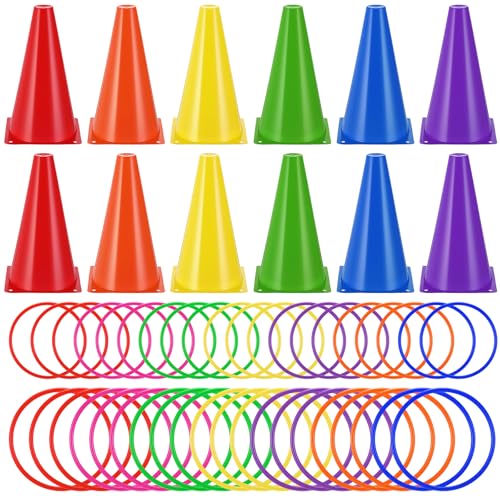 Leyndo 52 Pcs Ring Toss Game Set 12 Plastic Training Cones 40 Toss Rings for Carnival Party Backyard Indoor Outdoor Games - color: Multicolored, size: 9 Inch