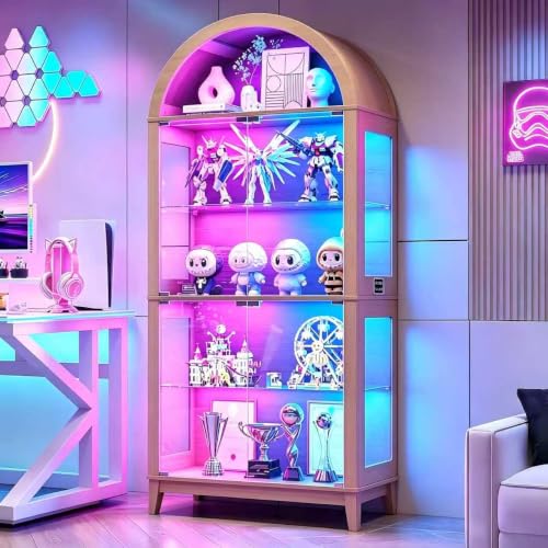 Lvifur Lighted Display Case with Glass Door,5-Tier Arched Glass Display Cabinet with RGB Lights App Control for Collectibles, Curio Cabinet with Human Body Senor,Bookcase for Living Room (Natural) - color: Natural-rgb