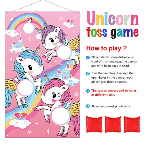 Blulu Unicorn Bean Bag Toss Game for Kids Outdoor Toys Unicorn Toss Game Banner with 3 Nylon Bean Bags Birthday Party Game Backyard Yard Activities for Toddler Birthday Gift for Girls