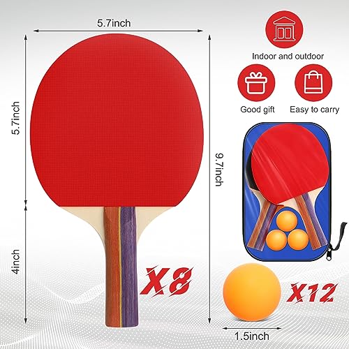 Liliful 8 Pieces Table Tennis Paddle Set Portable Indoor Tennis Rackets Accessories Bulks with 12 Balls and Storage Bag for Indoor Outdoor Adult Professional Games