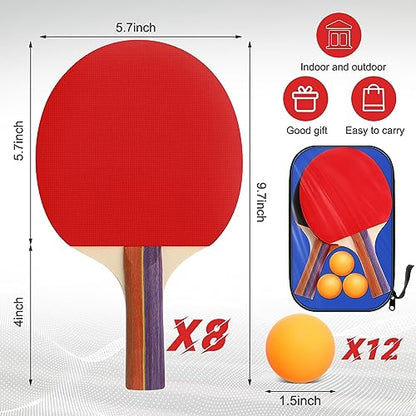 Liliful 8 Pieces Table Tennis Paddle Set Portable Indoor Tennis Rackets Accessories Bulks with 12 Balls and Storage Bag for Indoor Outdoor Adult Professional Games