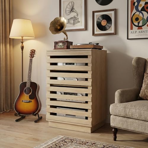 holzart Modern Slatted Wood Audio Component Cabinet, 4-Tier Stereo Equipment Rack Media Stand with Ventilated Door & Cable Management, Oak Finish 35.4" Tall