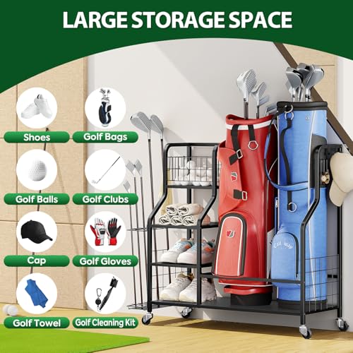 Golf Storage Organizer for Garage, Golf Bag Storage Rack with Lockable Wheels, Heavy Duty Golf Club Organizer with 3-Tier Shelves & Removable Hooks for Golf Accessories, Golf Bag Stand Holder, Black