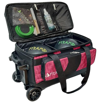 Pyramid Deluxe Double Roller 2 Ball Bowling Bag with Large Separate Shoe Compartment (Up To 2 Pairs Of Shoes) and Accessory Pockets, Sturdy Square Handle - Extends to 40" - Pro Options Available - color: Pro Black/Circuit Hot Pink