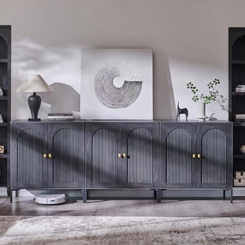 IFGET Modern Buffet Cabinet with Storage, 92.63" W Fluted Arched Sideboard Cabinet w/Adjustable Shelves, Wooden Modular Coffee Bar for Dining Room, Kitchen, Living Room, Entryway, Dark Grey - color: Dark Grey, size: 3 Pieces