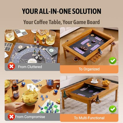Solid Wood Board Game Coffee Table with Removable Top, 3-in-1 Gaming and Dining Table Includes Play Mat & Detachable Cup Holders, 48" L x 33" W - color: Oak01