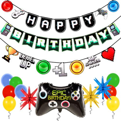 Pirese Video Game Birthday Decorations, Gaming Birthday Party Decorations for Boys, Gamer Birthday Banner & Party Supplies, Pre-Strung Game On Level Up Banner, Controller & Starburst Balloons for Kids