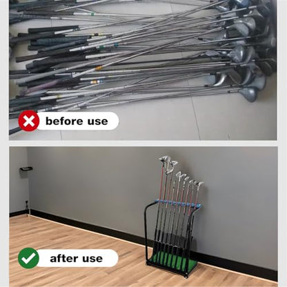 Nisorpa Golf Club Organizer Rack 9 Clubs Golf Club Display Stand Rack Holder Shelf Indoor Outdoor Golf Putter Rack Holder Stand 9 Putters Metal Golf Club Stand with Artificial Grass Mat