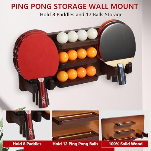 Ping Pong Paddle Holder, Ping Pong Paddle Storage Rack Wall Mounted Holds 8 Paddles and 12 Balls, Table Tennis Racket Display Organizer for Game Room,Home - color: Brown