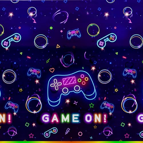 Video Game Party Tablecloth Decorations - Disposable Neon Glow Level Up Game On Birthday Party Supplies Table Cover - 3 Pack (54in x 108in)