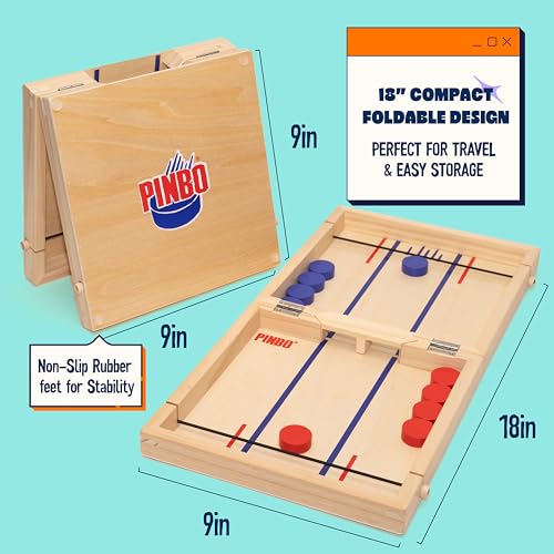 Pinbo Sling Puck Game (18") Premium Wooden Foldable Board | 2 Player Tabletop Game for Adults & Kids | Travel Friendly Classic Slingshot Game