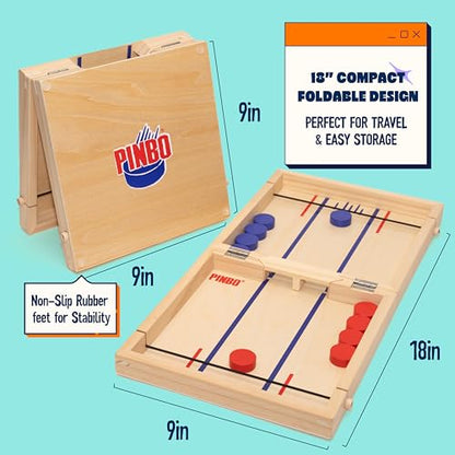 Pinbo Sling Puck Game (18") Premium Wooden Foldable Board | 2 Player Tabletop Game for Adults & Kids | Travel Friendly Classic Slingshot Game