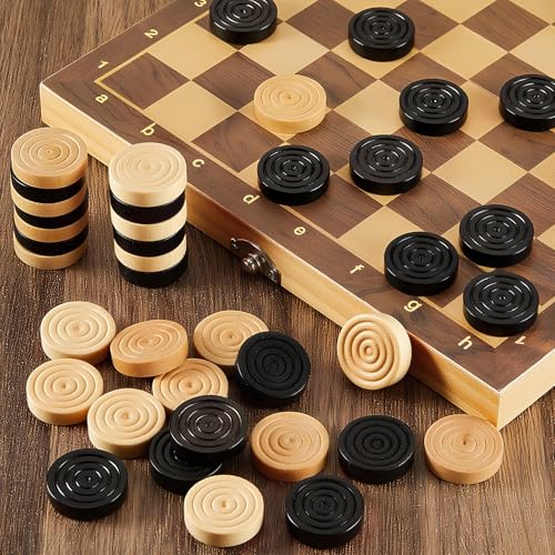 Sumind 48 Pcs Wooden Checkers Pieces 1.06 Inch Checker Pieces in Drawstring Storage Pouch Board Game with Stackable Ridge for Travel Office Backgammon Game(Black, Natural) - color: Black, Natural
