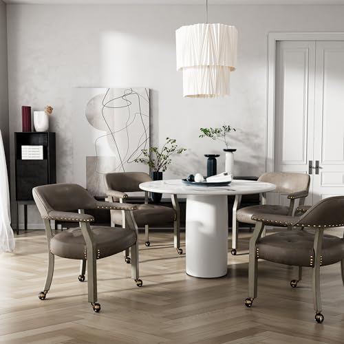 Set of 4 Dining Chair with Casters, Accent Captains Chairs with Wheels & Arms,Wheeled Roller Wood Chairs for Kitchen & Game Poker Table,Antique Grey&Dark Brown(NO Table!) - color: Antique Grey&dark Brown