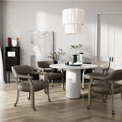 Set of 4 Dining Chair with Casters, Accent Captains Chairs with Wheels & Arms,Wheeled Roller Wood Chairs for Kitchen & Game Poker Table,Antique Grey&Dark Brown(NO Table!) - color: Antique Grey&dark Brown