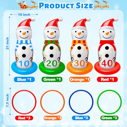 Christmas Ring Toss Game Inflatable Snowman Christmas Party Games for Kids Family Adults Xmas Activities Supplies Decoration Indoor Outdoor Garden Toys 4 Scoreboard Snowman,12 Plastic Rings Gifts