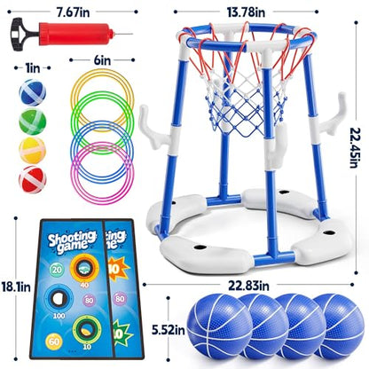 3 in 1 Pool Basketball Hoop & Ring Toss Game for Kids 4-8 8-12 - Floating Pool Toys Set with 4 Basketballs, 12 Rings, 2 Target Boards, 12 Bean Bags, Pump - Backyard Swimming Pool Summer Birthday Gift - color: Blue