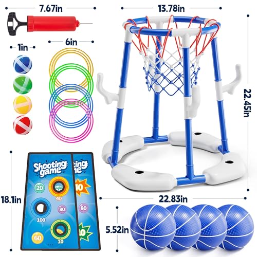 3 in 1 Pool Basketball Hoop & Ring Toss Game for Kids 4-8 8-12 - Floating Pool Toys Set with 4 Basketballs, 12 Rings, 2 Target Boards, 12 Bean Bags, Pump - Backyard Swimming Pool Summer Birthday Gift - color: Blue