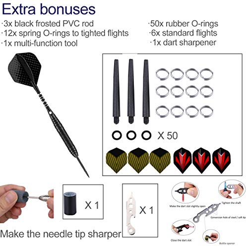 Darts Metal Tip Set - 3 Pack Professional 22 Grams Steel Tip Darts with Slim Case Black Purple Blue Aluminum Shafts 9 Flights 50 Rubber O'Rings 1 Dart Sharpener 12 Spring Rings - color: 22 Grams - black