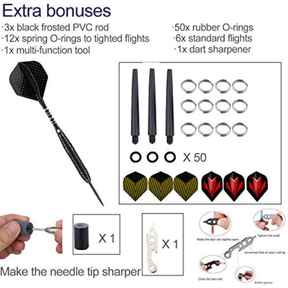 Darts Metal Tip Set - 3 Pack Professional 22 Grams Steel Tip Darts with Slim Case Black Purple Blue Aluminum Shafts 9 Flights 50 Rubber O'Rings 1 Dart Sharpener 12 Spring Rings - color: 22 Grams - black