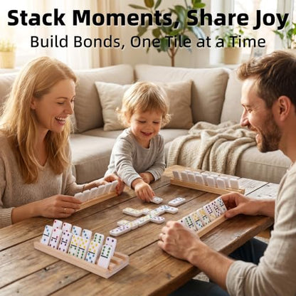 Mexican Train Dominoes Set Double 12 Dot Domino Tiles, 91 Tiles with 8 Wooden Racks, Hub & Trains, Portable Domino Game Set for Adults Kids Families - style: Double 12 Dot + 8 Racks
