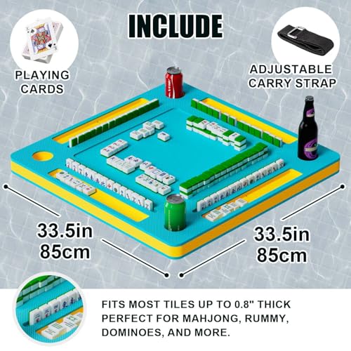 Floating Mahjong Table for Pool - 33.5in Foldable Water Game Table for Card Games & Tile Games - Portable Swimming Pool and Hot Tub Float Board Game Tray for Adults, Domino Floater Table (Blue)