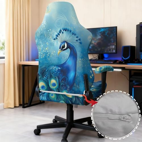 Peacock Print Gaming Chair Covers Slipcovers with Armrest Covers Skin Friendly Breathable Gamer Chair Cover Set of 4 Dust-Proof Machine Washable - color: Blue and Green - Peacock