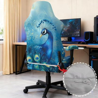 Peacock Print Gaming Chair Covers Slipcovers with Armrest Covers Skin Friendly Breathable Gamer Chair Cover Set of 4 Dust-Proof Machine Washable - color: Blue and Green - Peacock