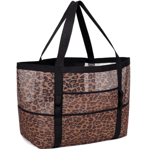 GYEUKHAM Mesh Beach Bag for Women, Sand-Resistant Pool Tote, 9 Pockets (1 Inner Zip), Foldable Family Travel Essentials - color: L-leopard