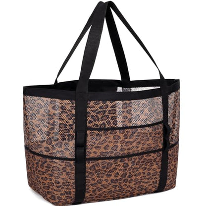 GYEUKHAM Mesh Beach Bag for Women, Sand-Resistant Pool Tote, 9 Pockets (1 Inner Zip), Foldable Family Travel Essentials - color: L-leopard