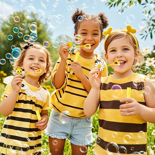Winrayk Bee Party Favors, 24Pcs Bee Themed Mini Bubble Wands for Kids Bubbles Bulk with Detachable Topper (6 Styles & Colors), Birthday Gift Easter Goody Bag Stuffer Classroom Prizes Honey Party Favor - style: Bee