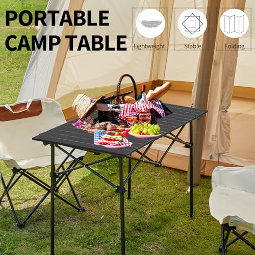 SHANQUAN Folding Camping Table, 27.6 × 27.6 Inches Portable Camp Table Aluminum Fold Up Lightweight Roll Up Table with Carry Bag Indoor Outdoor for Camping, Picnic, Backyard, BBQ, Patio, Black - size: 27.6*27.6 inch