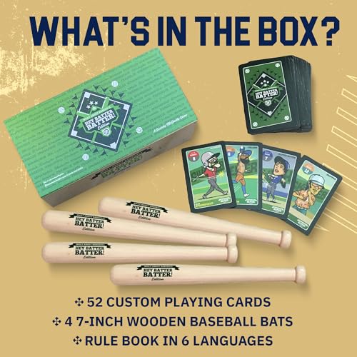 Grandma Smiley's Hey Batter Batter, Baseball Card Games for Kids 8-12, Card Games for Adults and Families, Family Card Games - 2-5 Players, 52 Custom Cards, 4 Mini Baseball Bats - Made in The USA