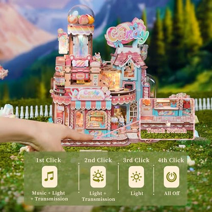 Tonecheer 3D Wooden Puzzle for Adults- Candy Workshop, Mechanical Transmission Model Kit, Dynamic DIY Building Set with Music & Lights, Miniature House Kit Ideas - style: Candy Workshop
