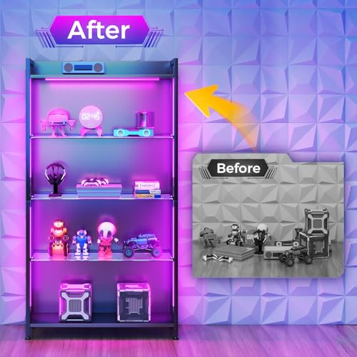 AODK Display Case with LED Lights, Display Cabinet with Glass Storage Shelves and Industrial Metal Mesh, 4-Tier Display Shelf for Collectibles, Curio Cabinet with Open Shelf, Black Book Shelf - color: Black